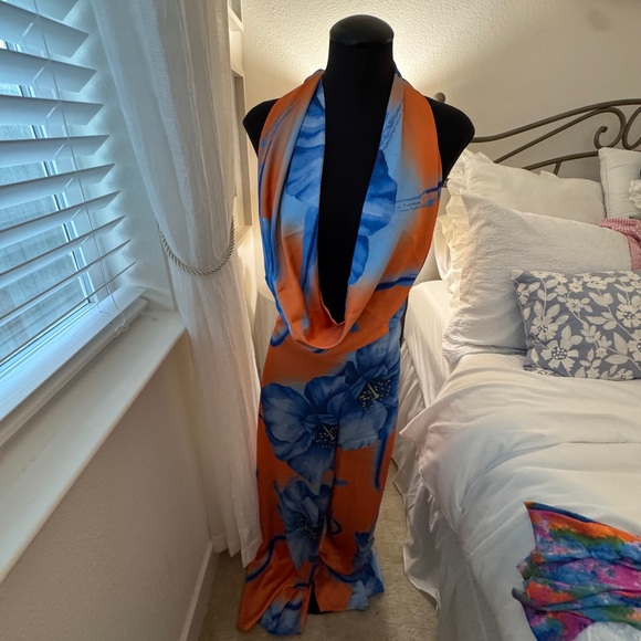 Vibrant Orange and Blue Satin Floral Wide Leg Jumpsuit - Picture 1 of 7